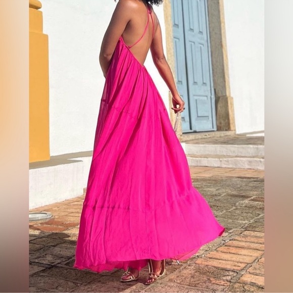 NWT Zara Hot Pink Chiffon Open Back Flowy Maxi Dress - Picture 4 of 10